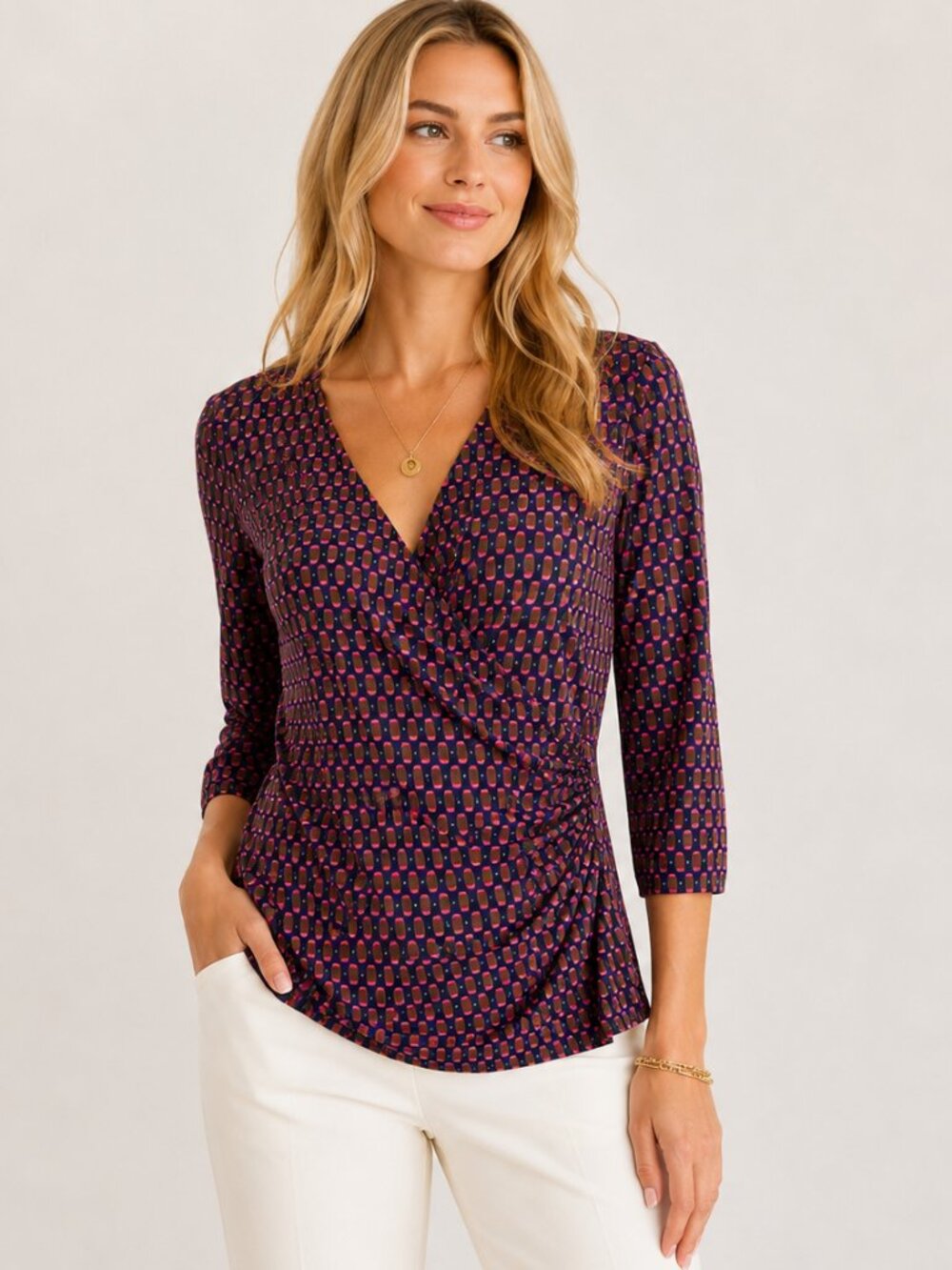 Boden Pink Navy Faux Wrap Top Geometric Print Ruched Stretch Jersey V Neck 6